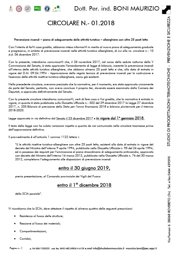 Prevenzione incendi – piano di adeguamento delle attivita turistico – alberghiere con oltre 25 posti letto - Circolare 01.2018 - Studio Boni
