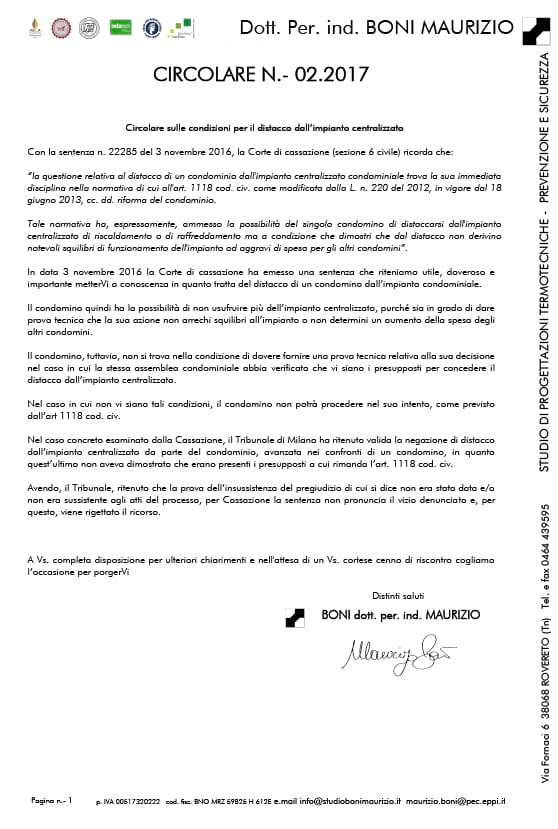 Circolare sulle condizioni per il distacco dall’impianto centralizzato - Circolare 02.2017 - Studio Boni