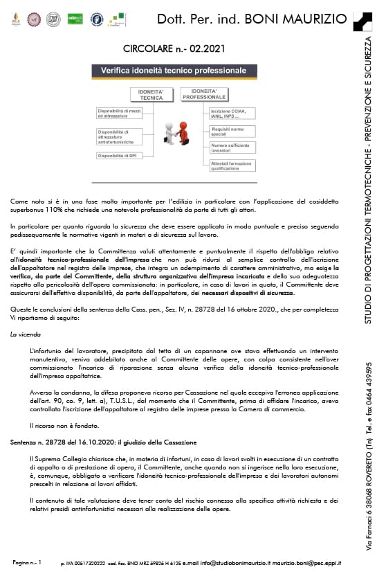 Verifica idoneità tecnico-professionale dell'appaltatore - Circolare 02.2021 - Studio Boni