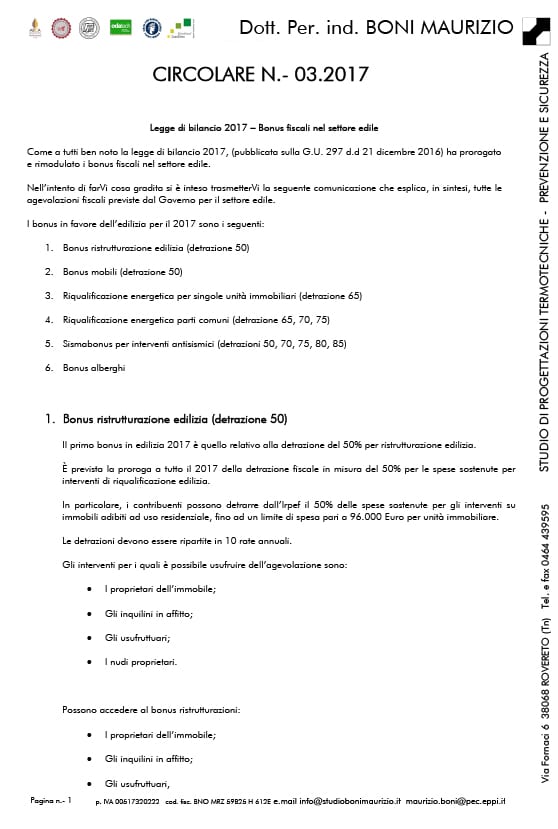 Legge di bilancio 2017 – Bonus fiscali nel settore edile - Circolare 03.2017 -Studio Boni