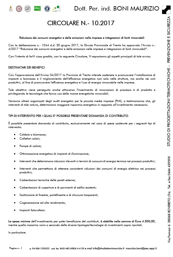 Riduzione dei consumi energetici e delle emissioni nelle imprese e integrazioni di fonti rinnovabili - Circolare 10.2017 - Studio Boni