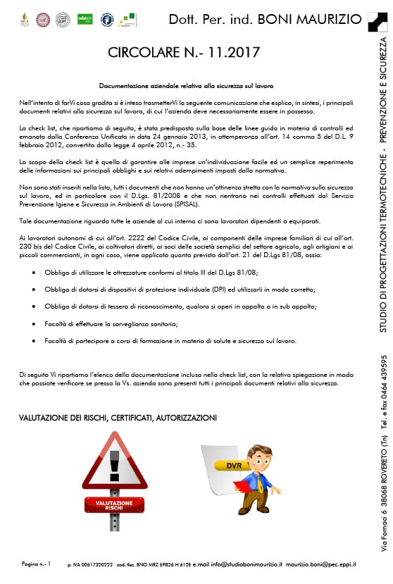 Documentazione aziendale relativa alla sicurezza sul lavoro - Circolare 11.2017 - Studio Boni