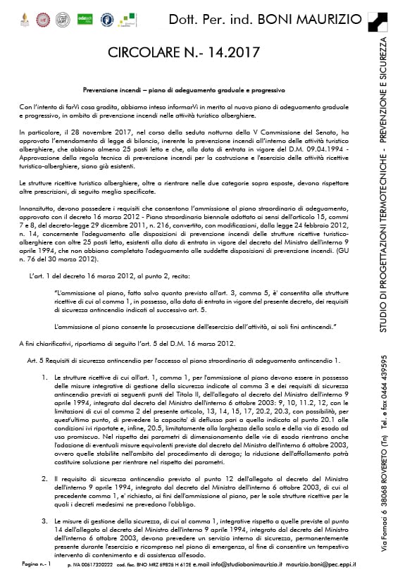 Prevenzione incendi – piano di adeguamento graduale e progressivo - Circolare 14.2017 - Studio Boni